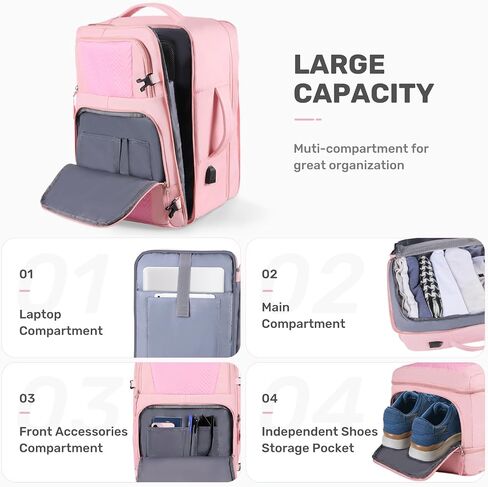 Travel Backpack, Large Backpack for Women, Airline Approved Carry On Backpack, 40-50L Expandable Waterproof Lightweight Casual Daypack College Computer Bag Fits 17 Inch Laptop, Gifts for Women, Pink in Saudi Arabia