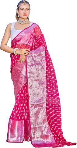 سيريل ساري اورجانزا مطبوع بحواف جاكار مع بلوزة غير مخيطة للنساء (3189S277_بينك داكن) in Kuwait