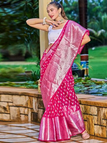 سيريل ساري اورجانزا مطبوع بحواف جاكار مع بلوزة غير مخيطة للنساء (3189S277_بينك داكن) in Kuwait