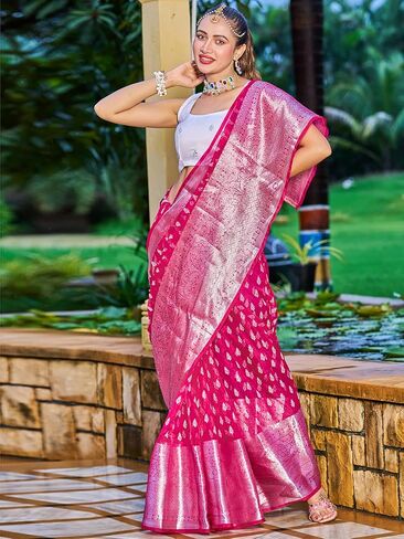 سيريل ساري اورجانزا مطبوع بحواف جاكار مع بلوزة غير مخيطة للنساء (3189S277_بينك داكن) in Kuwait