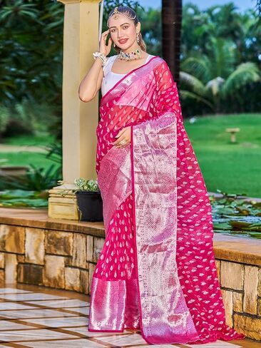 سيريل ساري اورجانزا مطبوع بحواف جاكار مع بلوزة غير مخيطة للنساء (3189S277_بينك داكن) in Kuwait