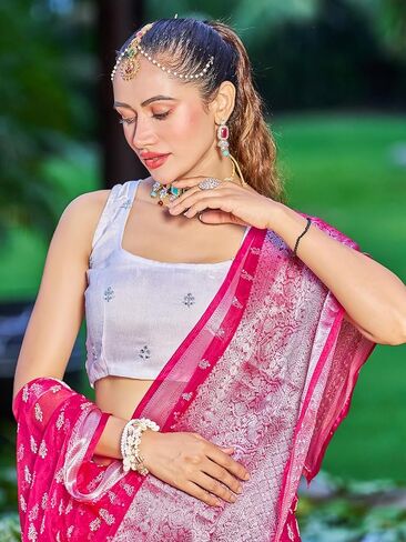 سيريل ساري اورجانزا مطبوع بحواف جاكار مع بلوزة غير مخيطة للنساء (3189S277_بينك داكن) in Kuwait