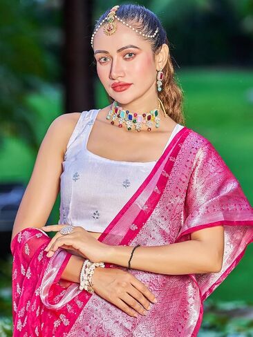 سيريل ساري اورجانزا مطبوع بحواف جاكار مع بلوزة غير مخيطة للنساء (3189S277_بينك داكن) in Kuwait