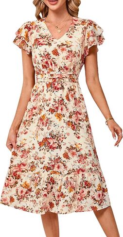 JASAMBAC Women Summer Dresses 2024 Casual Flowy Beach V Neck Ruffle Sleeve Smocked Back Waist Floral Midi Dress with Pockets in Saudi Arabia