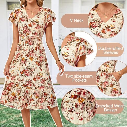 JASAMBAC Women Summer Dresses 2024 Casual Flowy Beach V Neck Ruffle Sleeve Smocked Back Waist Floral Midi Dress with Pockets in Saudi Arabia