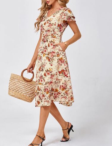 JASAMBAC Women Summer Dresses 2024 Casual Flowy Beach V Neck Ruffle Sleeve Smocked Back Waist Floral Midi Dress with Pockets in Saudi Arabia