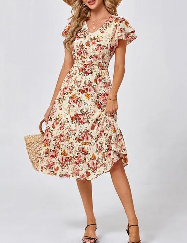 JASAMBAC Women Summer Dresses 2024 Casual Flowy Beach V Neck Ruffle Sleeve Smocked Back Waist Floral Midi Dress with Pockets in Saudi Arabia