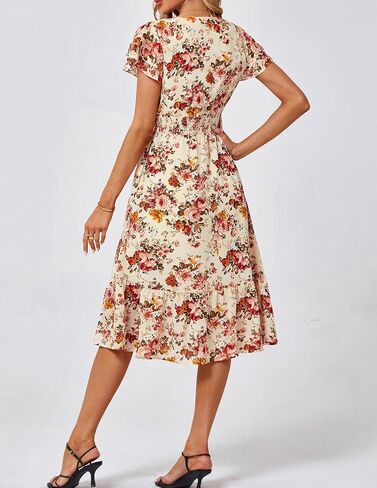JASAMBAC Women Summer Dresses 2024 Casual Flowy Beach V Neck Ruffle Sleeve Smocked Back Waist Floral Midi Dress with Pockets in Saudi Arabia