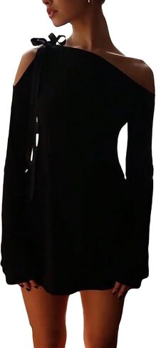 فستان نسائي من COZYEASE بكتف واحد مجوف وأكمام طويلة وربطة عنق أنيقة in Kuwait