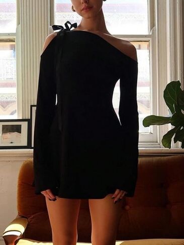 فستان نسائي من COZYEASE بكتف واحد مجوف وأكمام طويلة وربطة عنق أنيقة in Kuwait