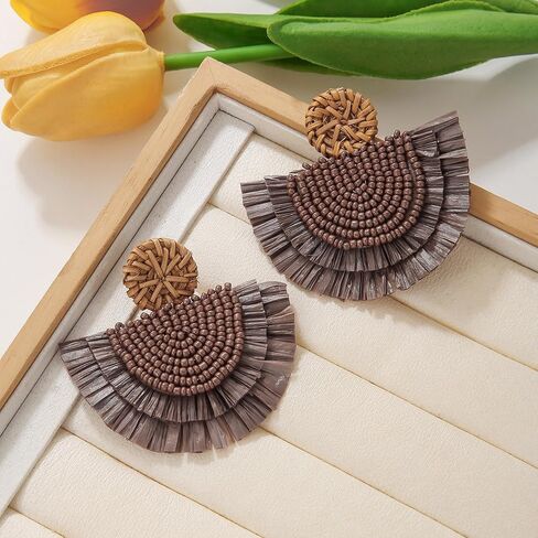 COIRIS Bohemia Beaded Fringe Statement Earrings with Long Dangling Tassel Raffia Earrings for Women in Kuwait