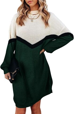 Womens Sweater Dress Oversized Color Block Casual Soft Winter Loose Long Pullover Sweaters Green in Saudi Arabia