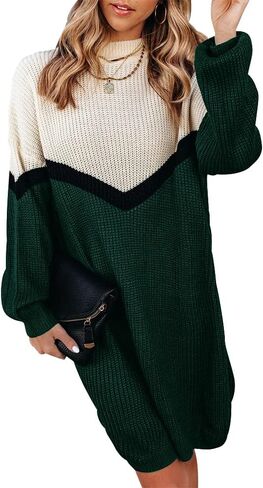 Womens Sweater Dress Oversized Color Block Casual Soft Winter Loose Long Pullover Sweaters Green in Saudi Arabia