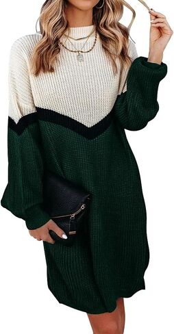 Womens Sweater Dress Oversized Color Block Casual Soft Winter Loose Long Pullover Sweaters Green in Saudi Arabia
