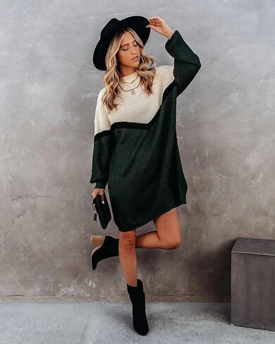 Womens Sweater Dress Oversized Color Block Casual Soft Winter Loose Long Pullover Sweaters Green in Saudi Arabia