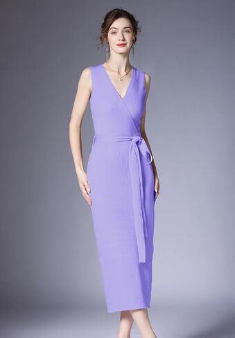 V Neck Sleeveless Midi Sweater Dress Bottom Knitted Bodycon Dress Chic Ribbed Knit Wrap Dress in Kuwait