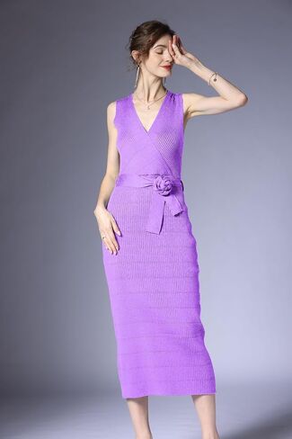 V Neck Sleeveless Midi Sweater Dress Bottom Knitted Bodycon Dress Chic Ribbed Knit Wrap Dress in Kuwait