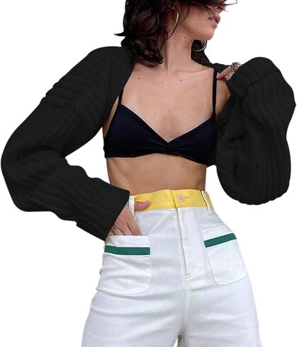 Women Y2K Knitted Crop Tops Color Block Patchwork Sweaters Long Sleeve Crochet Coverup Trendy Autumn Streetwear in Kuwait