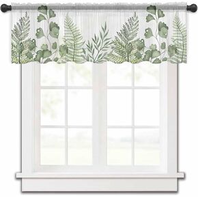 Leaves Herbs Valance Curtains for Kitchen/Living Room/Bathroom/Bedroom Window,Rod Pocket Small Topper Half Short Window Curtains Voile Sheer Scarf,Green Botanical Watercolor Modern Green White 60"x18"