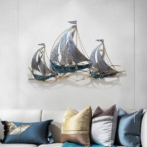 WANGLE Metal Sailboat Wall Decor, 3D Nautical Ship Wall Sculptures, 34.02" L x 21.26" H Handmade Coastal Beach Sailboat Wall Art Decor School Home Hotel Living Room Bedroom Dining Room,A