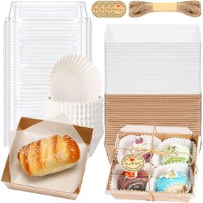 100 عبوة من صناديق الفحم الورقية مع أغطية شفافة، صناديق كعكة الساندويش المربعة للاستعمال مرة واحدة، حاويات طعام مع 200 قطعة من بطانات الكب كيك و50 ورقة من الورق الطارد للزيوت in Kuwait