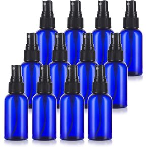 JUVITUS Cobalt Blue 2 oz Boston Round PET Plastic Bottles (BPA Free) with Black Fine Mist Sprayer (12 Pack)