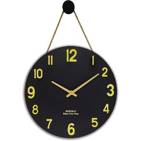 Qukueoy 12 Inch Wood Engraved Modern Wall Clocks Rope Hanging, Decorative Silent Clock for Home Living Room Bedroom Kitchen,Natural Wood Texture,Minimalist
