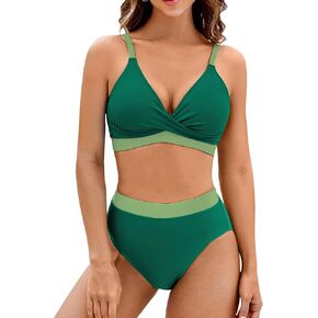 2 piece High Waisted Bright Swimsuits for Women Tummy Control Casual Bathing Color Block Front Cross Bikini Sets