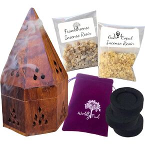 Resin Incense Burner Kit Starter Set, Natural Wood Incense Holder 5.5" ~ Hand-Crafted Resin & Cone Incense Burner,1oz Copal Resin,1 oz Frankincense Resin, Charcoal (Wood Burner & Resin Kit 1)