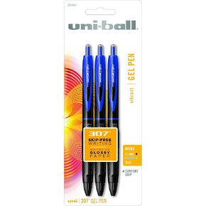 uni-ball 307 Retractable Gel Pens, Micro Point (0.5mm), Blue, 3 Count