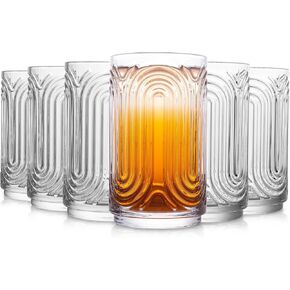 INSETLAN Set of 6 Vintage Glassware - 14 oz Water Drinking Glasses, Art Deco Ripple Glass Cup, Cocktail Glasses, for Bar Beverages Ice Coffee Juice, Housewarming Presents, New House Essentials