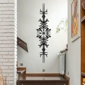 NORTH KAISER Metal Wall Art - Viking Wayfinders Wall Decor - Extraordinary Vegvisir Sculpture - Viking Symbol Wall Hanging - Rune Circle with Mjölnir - Old Norse Sign (Black - 23.6'' x 5.9'' / 60 x 15