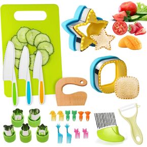 24 Pcs Kids Self-Making Sandwich Cutters Bento Box Tool Set for Real Cooking Montessori Creative Practice Toddler Knives Cutting Board Y Peeler for Fruit Vegetable Birthday Gift