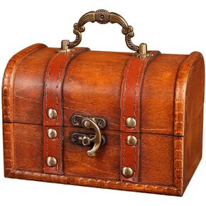 Pirate Treasure Chest, Vintage Handmade Decorative Wooden + PU Leather Storage Box for Jewelry Trinkets, Keepsakes Box for Home Decor