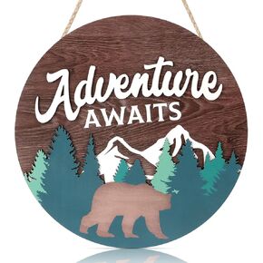 HOURIA The Adventure Awaits Wood Hanging Sign,Forest Bear Cabin Decor,Mountain Classroom Decor,Woodland Nursery Decor,Camping Sign(12"X 12")