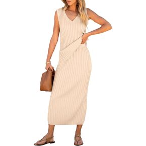 ANRABESS Women's 2 Piece Outfits Summer Sweater Skirt Sets Casual Sleeveless V Neck Ribbed Vest Knit Tops Midi Dress