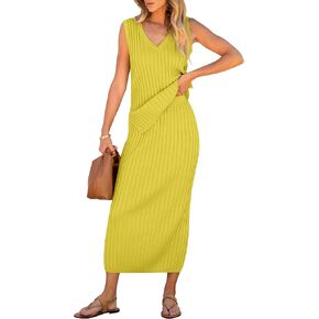 ANRABESS Women's 2 Piece Outfits Summer Sweater Skirt Sets Casual Sleeveless V Neck Ribbed Vest Knit Tops Midi Dress