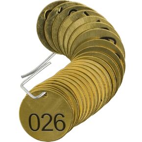 Brady 23201 1-1/2" Diameter, B-907 Brass, Brass Color, Number Sequence 026-050 Round Stamped Brass Valve Tags, Top Line Legend (Blank) (Pack Of 25),black On Brass