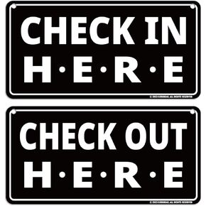 GEEKBEAR Check In Here/Check Out Here Sign (Black, 2 Pack) - Hanging from Ceiling - 12 x 6 in