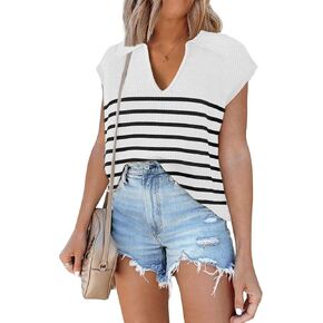 Short Sleeve Sweater for Women 2024 Spring Outfits Fashion Crochet Summer Tops V Neck Sweater Shirt Blouse
