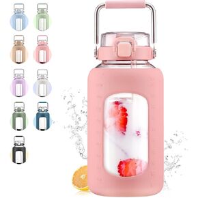 84oz Glass Water Bottle with Stainless Steel Handle,2.5L Gallon Water Bottle With 2-IN-1 Straw Lid, Silicone Sleeve and Motivational Capacity Marker, Wide Mouth Water Jug For Gym, Workout, Olive