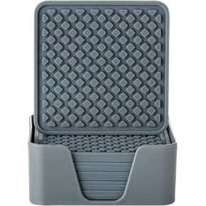 Colinda Silicone Drink Coasters with Holder, set of 6, for Tabletop Protection and Office Desk, Cup Mat Set for Home Decor, Non-Slip and Non-Stick,Square, 4 Inch，Black