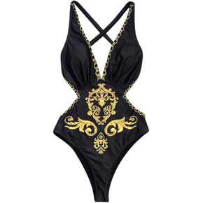 ANKOMINA Women's Baroque Printed One Piece Swimsuit Sexy Backcross Cutout Deep V Neck Monokini Swimwear Bathing Suit