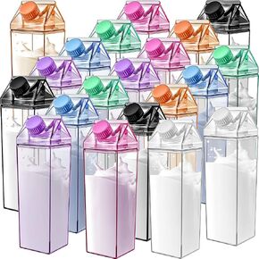 Foaincore 20 Pcs 17 oz Clear Milk Carton Water Bottles Bulk Plastic Square Milk Bottles Portable Reusable Milk Leakproof Cup for Outdoor Fitness Gym Travel Camping Sports(Pink)