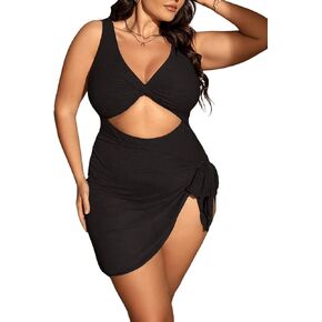 OYOANGLE Women's Plus Size Twist Front Cut Out One Piece Swimsuit with Beach Skirt Cover Up