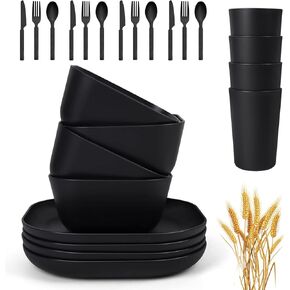 24 Piece Wheat Straw Square Dinnerware Sets for 4, Unbreakable Dinner Plates and Bowls Sets for Camping Party Grill (Black)