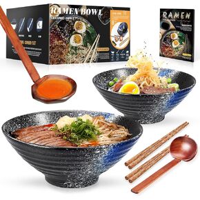 مجموعة أوعية YTLEMON Ramen من السيراميك، مجموعتان من أوعية تقديم يابانية كبيرة سعة 34 أونصة مع عيدان تناول الطعام وملاعق Pho، أواني طعام للشقق الجديدة مناسبة كهدايا هووسورمينغ (أزرق)