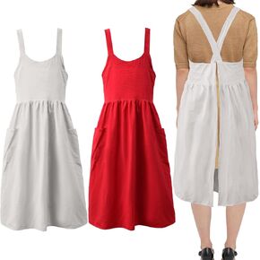Uaussi Cotton Linen Apron Cross Back Work Apron for Women with Pockets Pinafore Dress X Cross Halter Apron for Chef Gardening