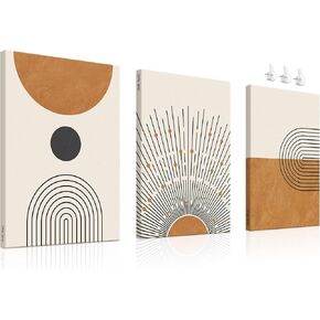 Boho Wall Art Set of 3 Mid Century Modern Wall Decor, Boho Art Wall Canvas, Bohemian Wall Decor, Boho Canvas Wall Art Bedroom, Minimalist Boho Art Wall Decor (3 Piece Wall Art 12"x16" Brown)