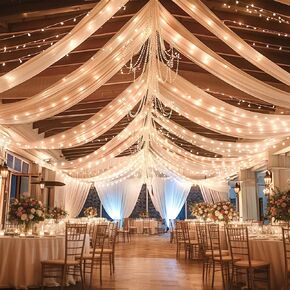 White Ceiling Drapes with Lights String for Weddings, 6 Panels 5ftx10ft Sheer Tulle Backdrop Photo Background Drapes for Wedding Ceremony Birthday Party Arch Decoration in Saudi Arabia